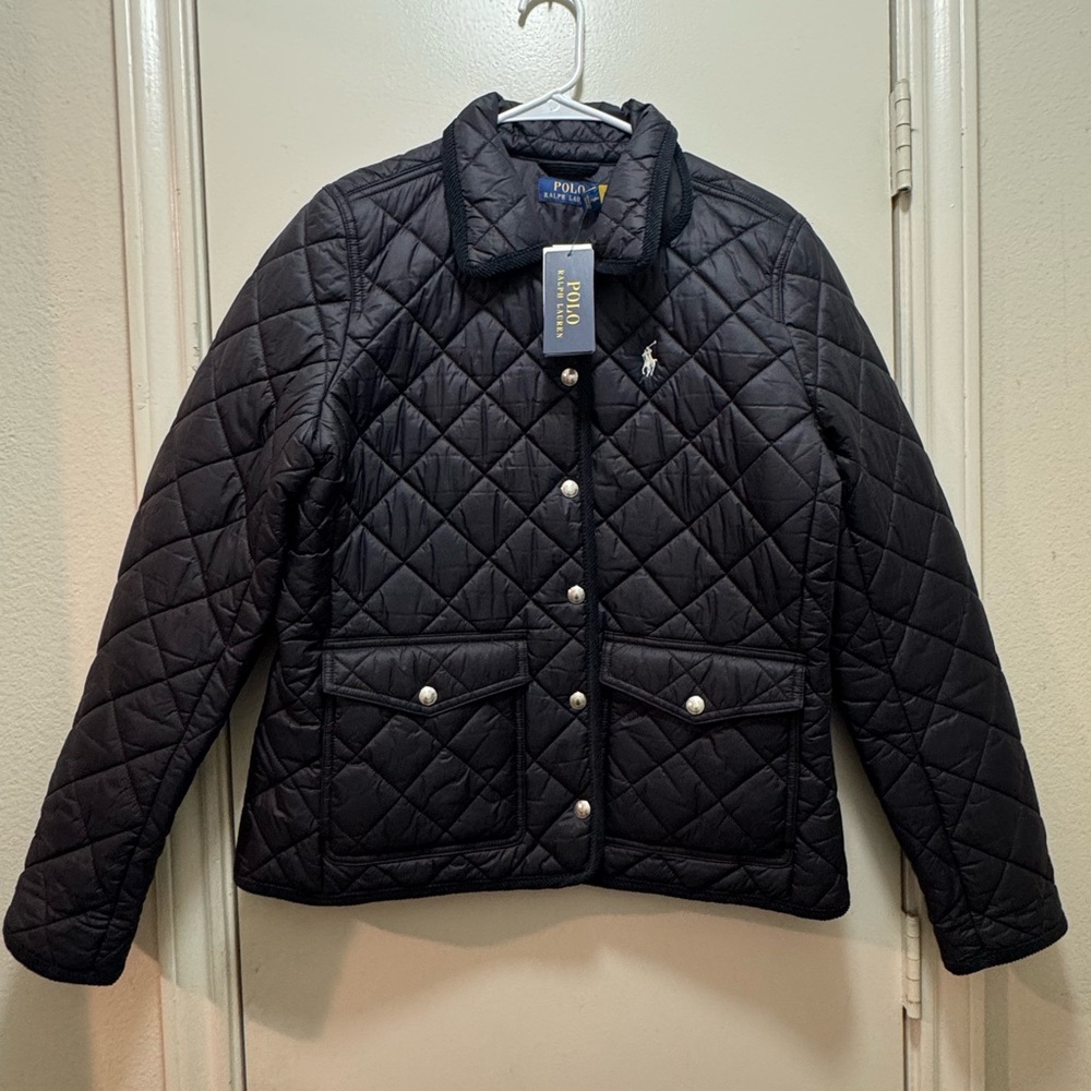 NWT Polo Ralph Lauren Black Quilted Jacket with White Logo